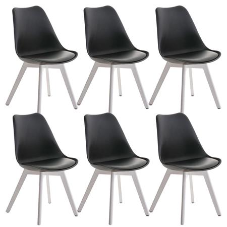 SET van 6 LOREN Stoelen, Kunststof Zitschaal met Witte Poten, Zwart Leder