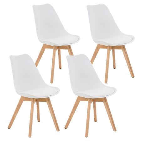 SET van 4 LOREN Stoelen, Kunststof Zitschaal met Lichthouten Poten, Wit Leder