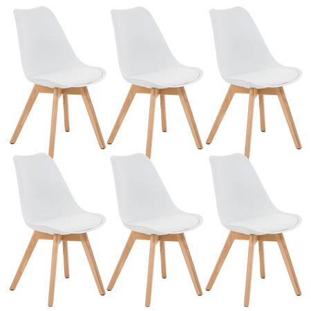 SET van 6 LOREN Stoelen, Kunststof Zitschaal met Lichthouten Poten, Wit Leder