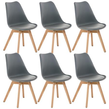 SET van 6 LOREN Stoelen, Kunststof Zitschaal met Lichthouten Poten, Grijs Leder