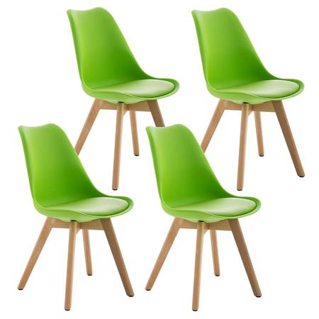 SET van 4 LOREN Stoelen, Kunststof Zitschaal met Lichthouten Poten, Groen Leder