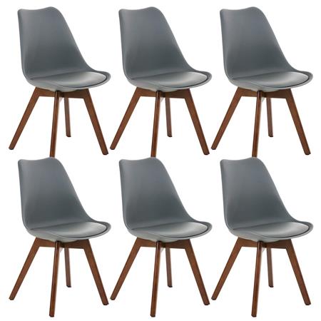 SET van 6 LOREN Stoelen, Kunststof Zitschaal met Walnoothouten Poten, Grijs Leder