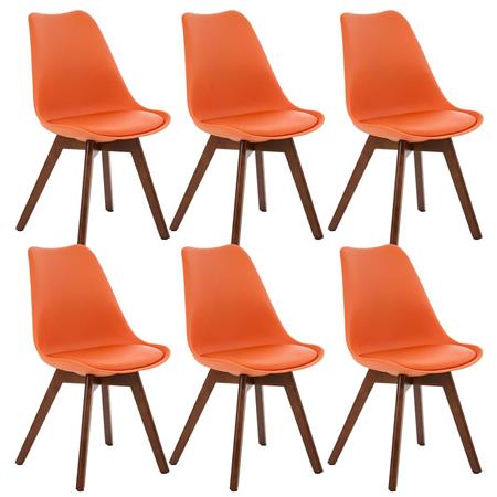 SET van 6 LOREN Stoelen, Kunststof Zitschaal met Walnoothouten Poten, Oranje Leder