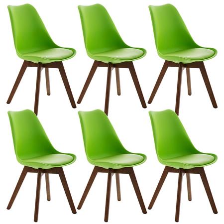 SET van 6 LOREN Stoelen, Kunststof Zitschaal met Walnoothouten Poten, Groen Leder