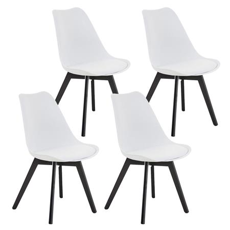 SET van 4 LOREN Stoelen, Kunststof Zitschaal met donkerhouten Poten, Wit Leder