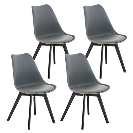 SET van 4 LOREN Stoelen, Kunststof Zitschaal met donkerhouten Poten, Grijs Leder