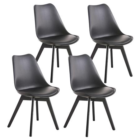 SET van 4 LOREN Stoelen, Kunststof Zitschaal met donkerhouten Poten, Zwart Leder