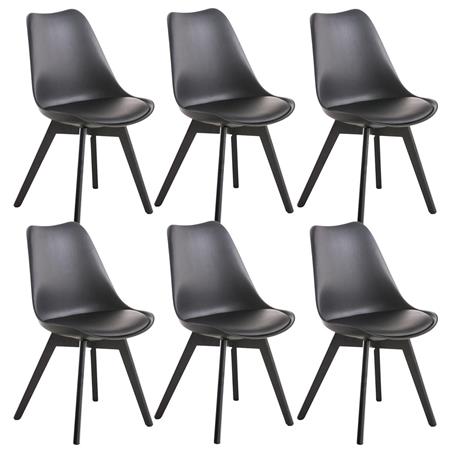 SET van 6 LOREN Stoelen, Kunststof Zitschaal met donkerhouten Poten, Zwart Leder