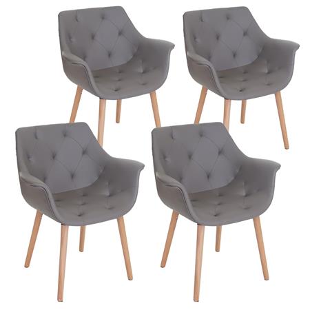 Set van 4 Eetkamerstoelen ALBER, Retro-Design, Lichthouten Poten, Grijs Leder