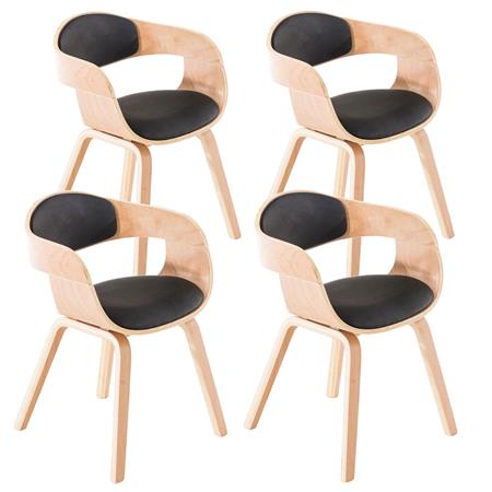 Set van 4 Eetkamerstoelen MAFO, Natuurlijk Houten Frame, in Zwart Leder