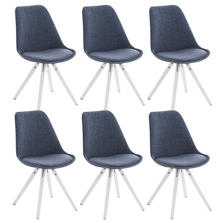 Set van 6 Eetkamerstoelen BAHIA, in Blauwe Stof en Witte Poten