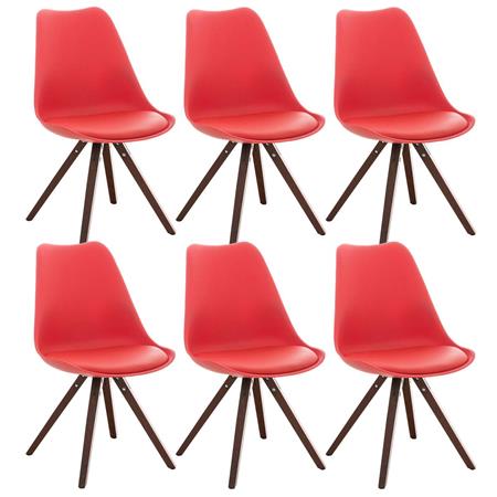 Set van 6 Eetkamerstoelen BAHIA LEDER, Rood met Walnootkleurige Poten