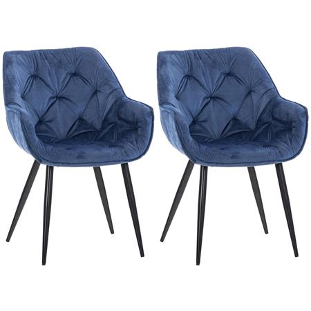 Set van 2 Eetkamerstoelen TEXAS, Elegant Retro Design, Zwarte Metalen Poten, Blauw Fluweel