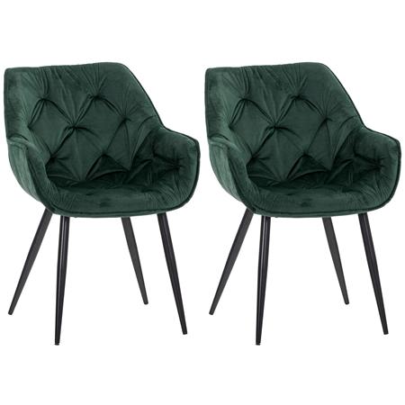 Set van 2 Eetkamerstoelen TEXAS, Elegant Retro Design, Zwarte Metalen Poten, Groen Fluweel