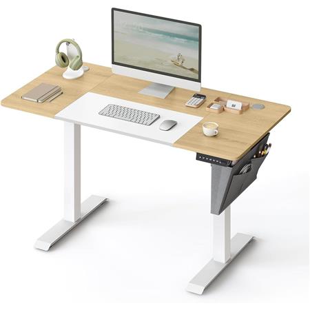 Zit-Sta Bureau ALPES, 140 x 60 x 72-120 cm, Geheugenfunctie 4 Hoogtes, Lichthouten Blad en Wit Frame