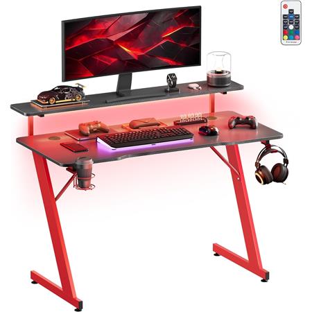 Gaming Bureau RAY, met LED-verlichting, Monitorsplank, Bekerhouder, Hoofdtelefoonhaak, Zwart en Rood