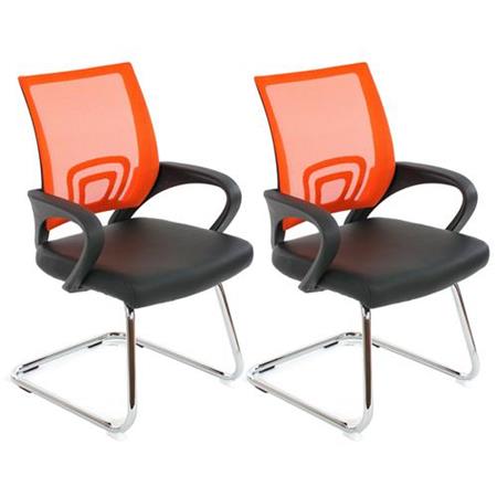 Set van 2 Ergonomische Vergaderstoelen SEOUL NET, Zeer Comfortabel, Lederen en Mesh Bekleding, Kleur Oranje