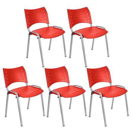 Set van 5 Vergaderstoelen ELVA, Stapelbaar en Praktisch, Hoge Kwaliteit, Kleur Rood en Grijze Poten