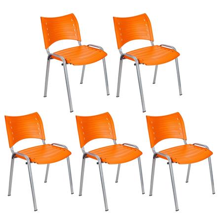 Set van 5 Vergaderstoelen ELVA, Stapelbaar en Praktisch, Hoge Kwaliteit, Kleur Oranje en Grijze Poten