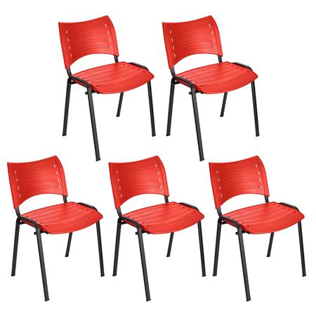 Set van 5 Vergaderstoelen ELVA, Stapelbaar en Praktisch, Hoge Kwaliteit, Kleur Rood en Zwarte Poten