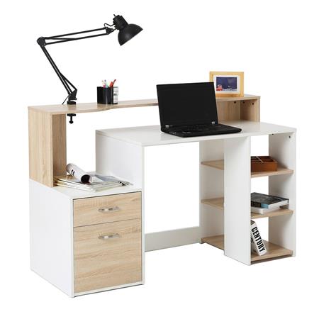 Bureau BOTINA, met Lades en Legplanken, 140x55x92cm, in Hout Kleur Wit en Eik