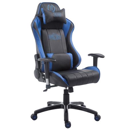 Gamingstoel TURBO, Verstelbare Rugleuning, Lumbaal- en Cervicaalkussen, in Zwart/Blauw Leder