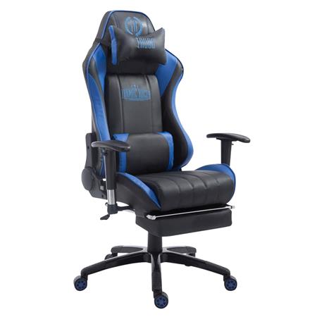 Gaming Bureaustoel TURBO met Voetsteun, Kantelbare Rugleuning, Lumbaal- en Cervicaalkussens, in Zwart/Blauw Leder