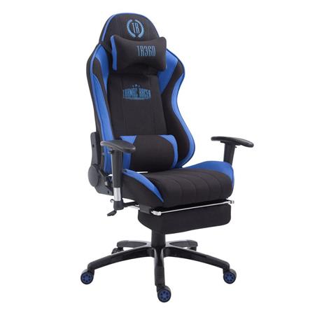 Gamingstoel TURBO STOF, met Voetsteun, Verstelbare Rugleuning, Lumbaal- en Cervicaalkussen, in Zwart/Blauw