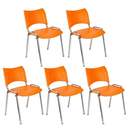 Set van 5 Vergaderstoelen ELVA, Stapelbaar en Praktisch, Hoge Kwaliteit, Oranje en Chromen Poten