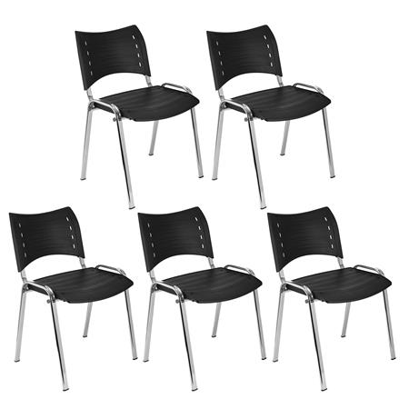 Set van 5 Vergaderstoelen ELVA, Stapelbaar en Praktisch, Hoge Kwaliteit, Zwart en Chromen Poten