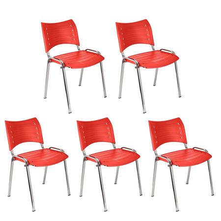 Set van 5 Vergaderstoelen ELVA, Stapelbaar en Praktisch, Hoge Kwaliteit, Rood en Chromen Poten