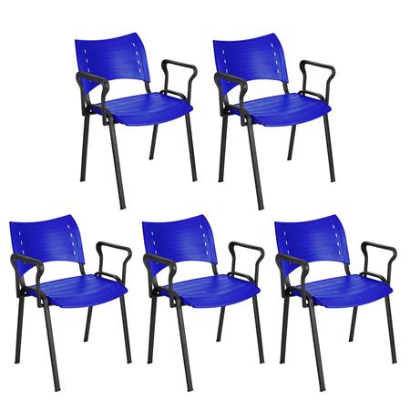 Set van 5 vergaderstoelen ELVA met armleuningen, stapelbaar en praktisch, Zwarte Poten en Blauwe kleur