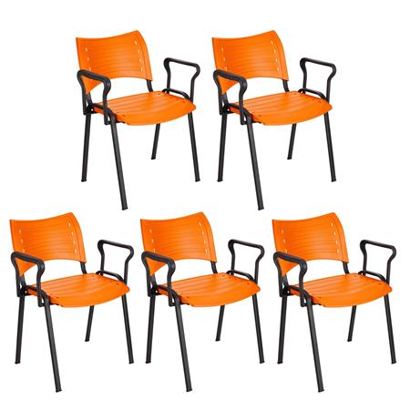 Set van 5 vergaderstoelen ELVA met armleuningen, stapelbaar en praktisch, Zwarte Poten en Oranje kleur