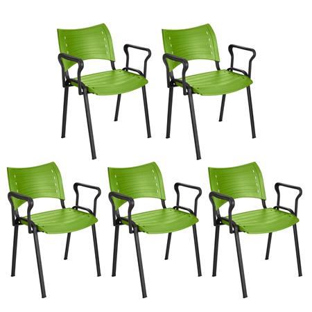 Set van 5 vergaderstoelen ELVA met armleuningen, stapelbaar en praktisch, Zwarte Poten en Groene kleur