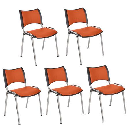 Set van 5 Vergaderstoelen ROMEL LEDER, Comfortabele Zitting, Stapelbaar, Verchroomde Poten, Oranje