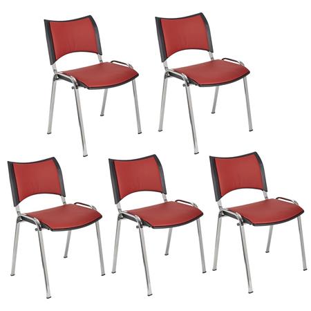 Set van 5 Vergaderstoelen ROMEL LEDER, Comfortabele Zitting, Stapelbaar, Verchroomde Poten, Rood