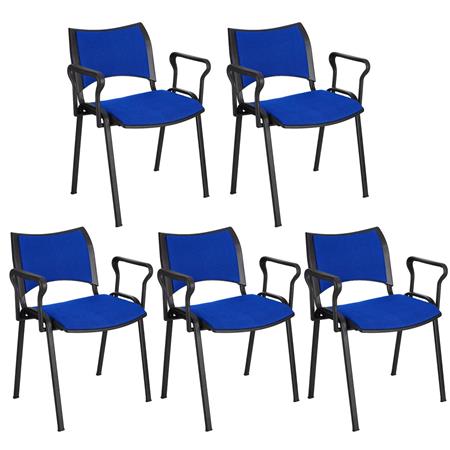 Set van 5 Vergaderstoelen ROMEL MET ARMLEUNINGEN, Comfortabele Zitting, Stapelbaar, Zwarte Poten, Blauw Stoffen Bekleding