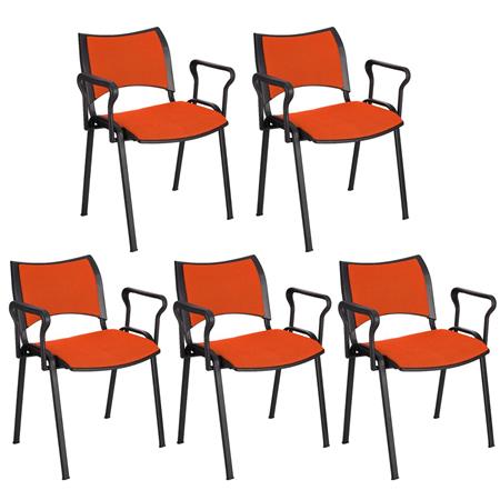 Set van 5 Vergaderstoelen ROMEL MET ARMLEUNINGEN, Comfortabele Zitting, Stapelbaar, Zwarte Poten, Oranje Stoffen Bekleding