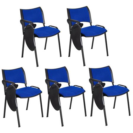 Set van 5 Vergaderstoelen ROMEL MET KLAPTAFELTJE, Comfortabele Zitting, Stapelbaar, Zwarte Poten, Blauw Stoffen Bekleding