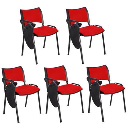 Set van 5 Vergaderstoelen ROMEL MET KLAPTAFELTJE, Comfortabele Zitting, Stapelbaar, Zwarte Poten, Rood Stoffen Bekleding