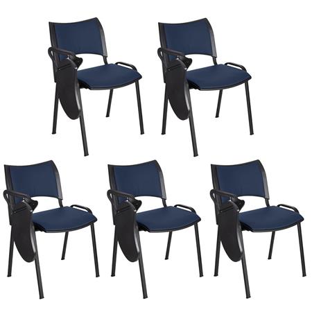 Set van 5 Vergaderstoelen ROMEL LEDER MET KLAPTAFELTJE, Comfortabele Zitting, Stapelbaar, Zwarte Poten, Blauw