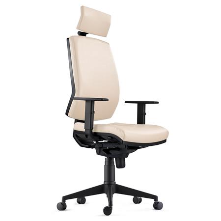 Ergonomische Bureaustoel OLIVER, Beige Leder, Hoofdsteun, Gebruik 8h, Dik Kussen