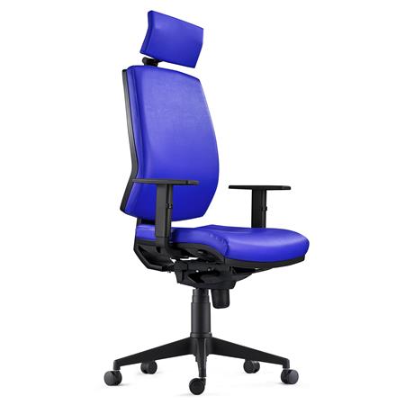 Ergonomische Bureaustoel OLIVER, Blauw Leder, Hoofdsteun, Gebruik 8h, Dik Kussen