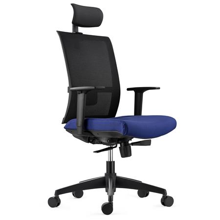 Ergonomische Bureaustoel AXEL, Met Hoofdsteun, Lendensteun, in Mesh en Stof, Kleur Donkerblauw