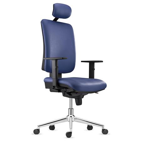 Ergonomische Bureaustoel PIERO, Met Metalen Onderstel, Hoofdsteun, Verstelbare Armleuningen, Echt Leder, Blauw