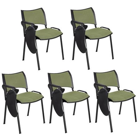 Set van 5 Vergaderstoelen ROMEL MET KLAPTAFELTJE, Comfortabele Zitting, Stapelbaar, Zwarte Poten, Groen Stoffen Bekleding