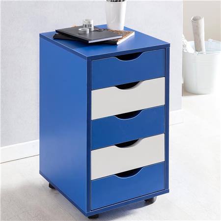 Ladenblok met Wielen CLOVER, 5 Lades, Afmetingen 33x38x68 cm, Kleur Blauw met Wit