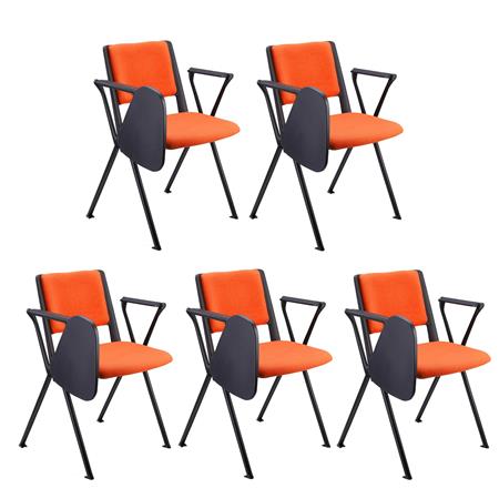 SET 5 Vergaderstoelen CARINA MET KLAPTAFELTJE, Stapelbaar, stoelkoppelsysteem, Zwarte Poten, Oranje Stof