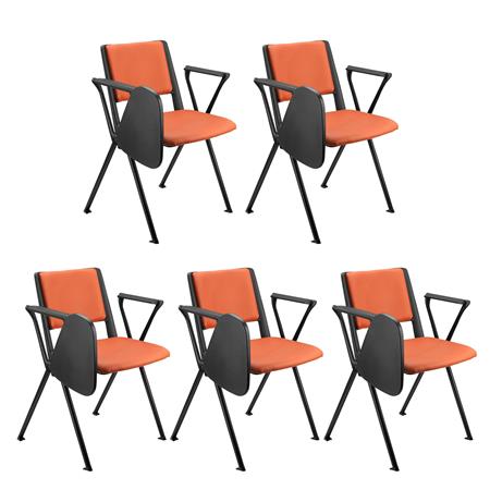 SET 5 Vergaderstoelen CARINA MET KLAPTAFELTJE, Stapelbaar, Stoelkoppelsysteem, Zwarte Poten en Oranje Leder