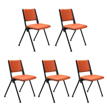 SET van 5 Vergaderstoelen CARINA, Stapelbaar, Stoelkoppelsysteem, Oranje Leder en Zwarte Poten